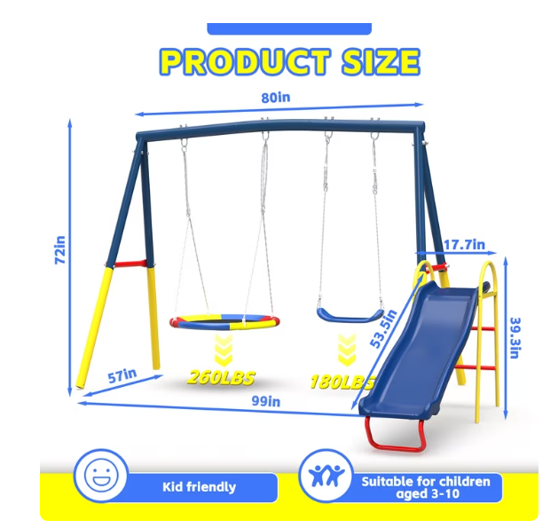Mersco 3-in-1 Swing Set for Backyard with Slide , Heavy Duty 550lbs Metal Outdoor Swing Stand, Contain 1 Saucer 32" and 1 Belt Seat 26.2" ,Slide for Playground, Backyard Playset