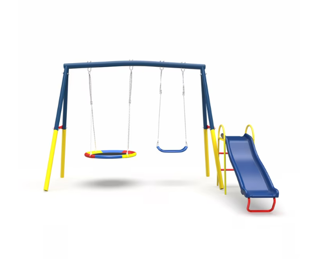 Mersco 3-in-1 Swing Set for Backyard with Slide , Heavy Duty 550lbs Metal Outdoor Swing Stand, Contain 1 Saucer 32" and 1 Belt Seat 26.2" ,Slide for Playground, Backyard Playset