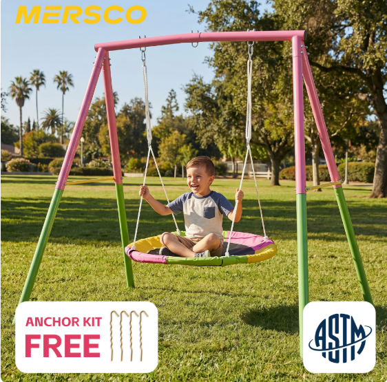 Mersco Swing Set for Backyard with Stand, Swing Heavy Duty 440lbs Metal Outdoor Swing Stand, 38" Saucer Swing for Playground, Backyard Playset,pink