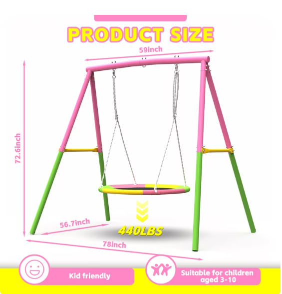 Mersco Swing Set for Backyard with Stand, Swing Heavy Duty 440lbs Metal Outdoor Swing Stand, 38" Saucer Swing for Playground, Backyard Playset,pink