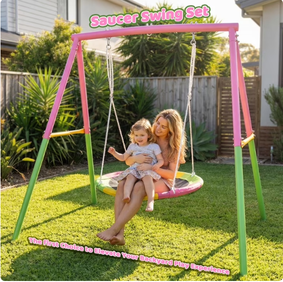 Mersco Swing Set for Backyard with Stand, Swing Heavy Duty 440lbs Metal Outdoor Swing Stand, 38" Saucer Swing for Playground, Backyard Playset,pink