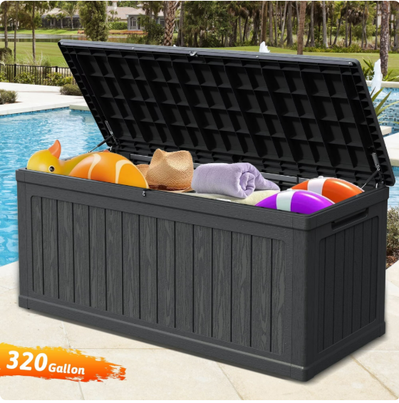 Mersco 320 Gallon Large Deck Box,Lockable Resin Outdoor Indoor Storage Box with Hundles,Waterproof UV Resistant Outside Deck Box for Patio Furniture Cushions, Pool Float,Garden Tool,Black