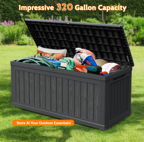 Mersco 320 Gallon Large Deck Box,Lockable Resin Outdoor Indoor Storage Box with Hundles,Waterproof UV Resistant Outside Deck Box for Patio Furniture Cushions, Pool Float,Garden Tool,Black