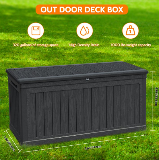 Mersco 320 Gallon Large Deck Box,Lockable Resin Outdoor Indoor Storage Box with Hundles,Waterproof UV Resistant Outside Deck Box for Patio Furniture Cushions, Pool Float,Garden Tool,Black