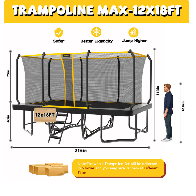 Mersco 12x18FT Kids Adults Trampoline, ASTM Certified Heavy Duty Outdoor Trampoline with Safety Enclosure Net and Upgraded Ladder for Backyard Family Fun, Fitness Trampoline MAX