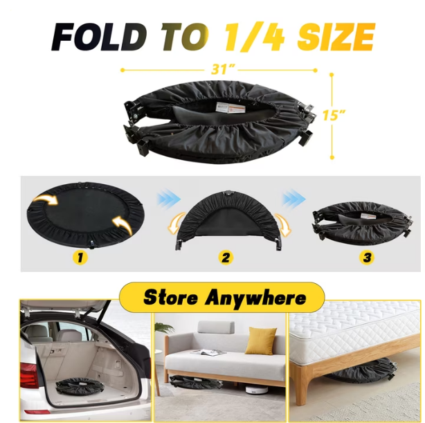 Mersco 40'' Mini Fitness Trampoline Quiet Exercise Rebounder for Home, Cardio and Strength Training, Indoor Sports Trampoline with Adjustable Handle Bar, Standard Spring,Black