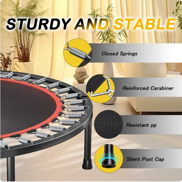 Mersco 40'' Mini Fitness Trampoline Quiet Exercise Rebounder for Home, Cardio and Strength Training, Indoor Sports Trampoline with Adjustable Handle Bar, Standard Spring,Black