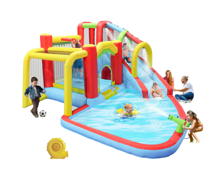 Mersco 7 in1 Inflatable Slide Water Park Bouncing House ,Outdoor Soccer Garden Bouncer with Splash Pool , Climbing wall ,Basketball, Football for Kids
