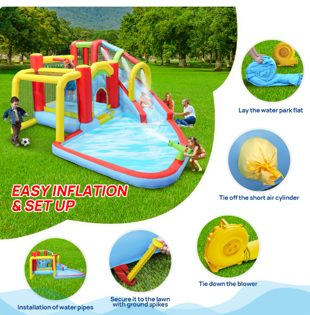 Mersco 7 in1 Inflatable Slide Water Park Bouncing House ,Outdoor Soccer Garden Bouncer with Splash Pool , Climbing wall ,Basketball, Football for Kids