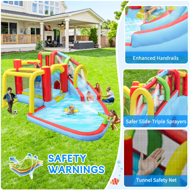 Mersco 7 in1 Inflatable Slide Water Park Bouncing House ,Outdoor Soccer Garden Bouncer with Splash Pool , Climbing wall ,Basketball, Football for Kids