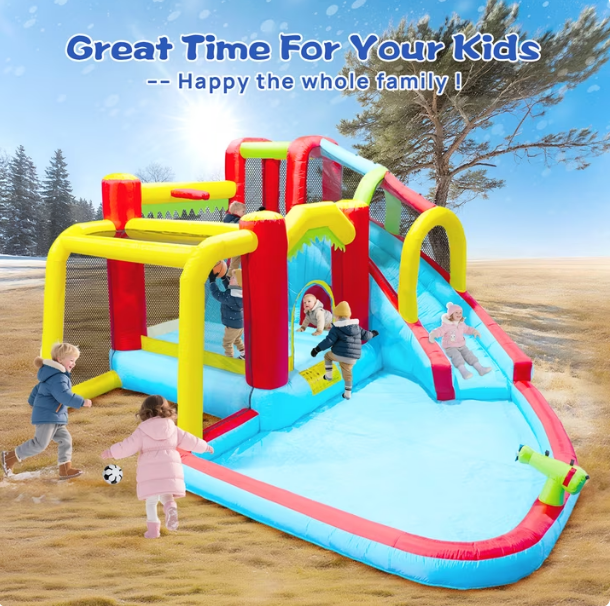 Mersco 7 in1 Inflatable Slide Water Park Bouncing House ,Outdoor Soccer Garden Bouncer with Splash Pool , Climbing wall ,Basketball, Football for Kids
