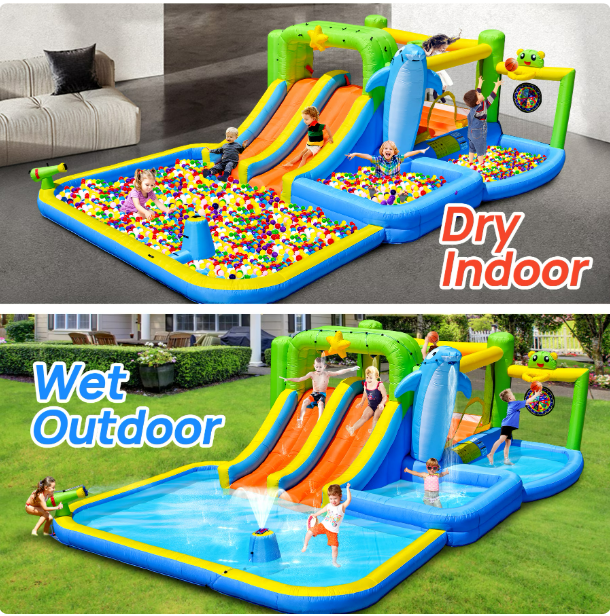 Mersco Inflatable Slide Water Slide with 520W Blower,Bounce House for Big Kids with Soak Pool, Sprinkler Fountain, Target for Kids Slides ,Climbing Wall ,Basketball Hoop,Jumping and Ocean Ball Pit