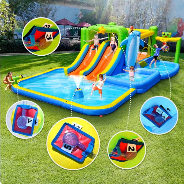 Mersco Inflatable Slide Water Slide with 520W Blower,Bounce House for Big Kids with Soak Pool, Sprinkler Fountain, Target for Kids Slides ,Climbing Wall ,Basketball Hoop,Jumping and Ocean Ball Pit