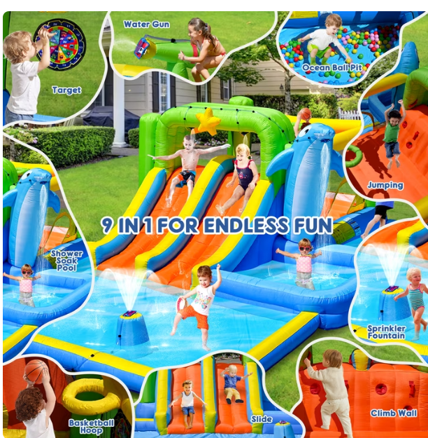 Mersco Inflatable Slide Water Slide with 520W Blower,Bounce House for Big Kids with Soak Pool, Sprinkler Fountain, Target for Kids Slides ,Climbing Wall ,Basketball Hoop,Jumping and Ocean Ball Pit