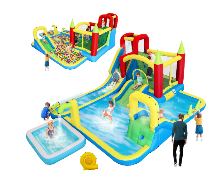 Mersco 11 in1 Large Inflatable Water Slide Bounce House with Blower, Water Park with Dry and Wet Slides, Large Pool , Trampoline Climbing Wall ,Basketball Hoop and Ring Toss for Kids