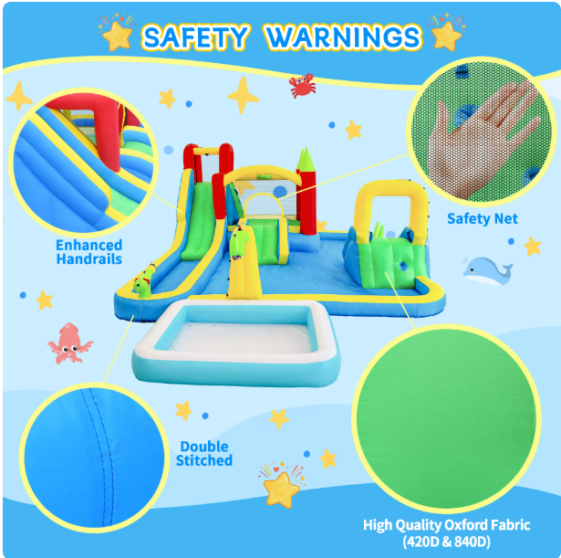 Mersco 11 in1 Large Inflatable Water Slide Bounce House with Blower, Water Park with Dry and Wet Slides, Large Pool , Trampoline Climbing Wall ,Basketball Hoop and Ring Toss for Kids