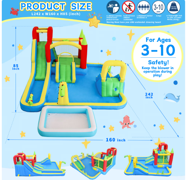 Mersco 11 in1 Large Inflatable Water Slide Bounce House with Blower, Water Park with Dry and Wet Slides, Large Pool , Trampoline Climbing Wall ,Basketball Hoop and Ring Toss for Kids