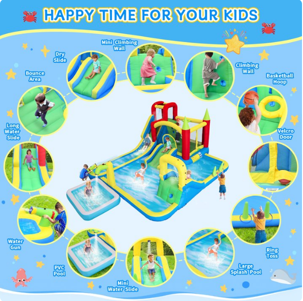 Mersco 11 in1 Large Inflatable Water Slide Bounce House with Blower, Water Park with Dry and Wet Slides, Large Pool , Trampoline Climbing Wall ,Basketball Hoop and Ring Toss for Kids