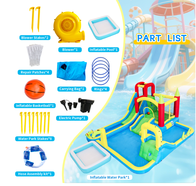 Mersco 11 in1 Large Inflatable Water Slide Bounce House with Blower, Water Park with Dry and Wet Slides, Large Pool , Trampoline Climbing Wall ,Basketball Hoop and Ring Toss for Kids