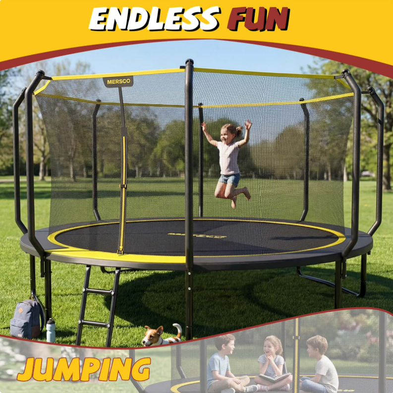 Mersco 14FT Kids Trampoline, ASTM Certified Heavy Duty Outdoor Trampoline with Safety Enclosure Net and Upgraded Ladder for Backyard Family Fun, Jumping Trampoline SUPER