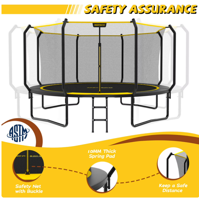 Mersco 14FT Kids Trampoline, ASTM Certified Heavy Duty Outdoor Trampoline with Safety Enclosure Net and Upgraded Ladder for Backyard Family Fun, Jumping Trampoline SUPER