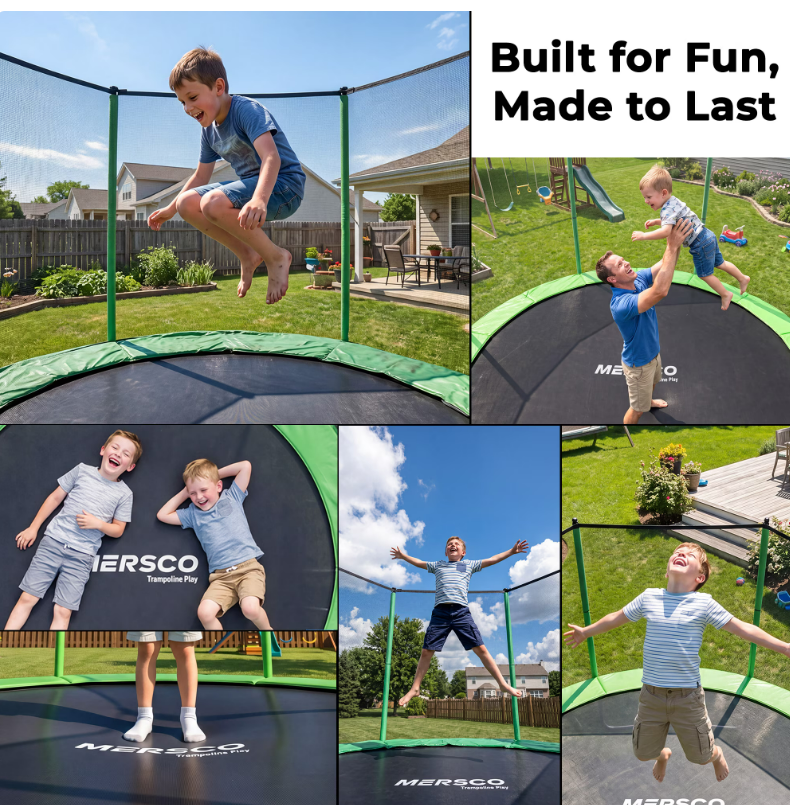 Mersco 8FT Kids Trampoline, ASTM Certified Heavy Duty Outdoor Trampoline with Safety Enclosure Net and Ladder for Backyard Family Fun, Jumping Trampoline PLAY
