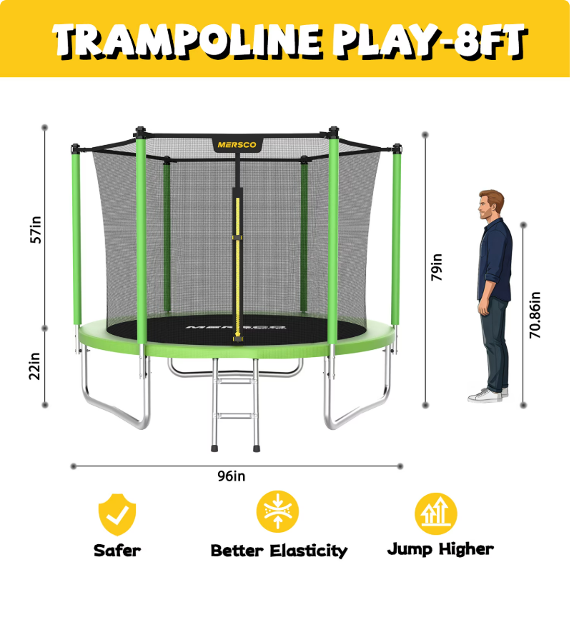 Mersco 8FT Kids Trampoline, ASTM Certified Heavy Duty Outdoor Trampoline with Safety Enclosure Net and Ladder for Backyard Family Fun, Jumping Trampoline PLAY