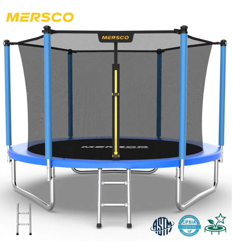 Mersco 8FT Kids Trampoline, ASTM Certified Heavy Duty Outdoor Trampoline with Safety Enclosure Net and Ladder for Backyard Family Fun, Trampoline PLAY