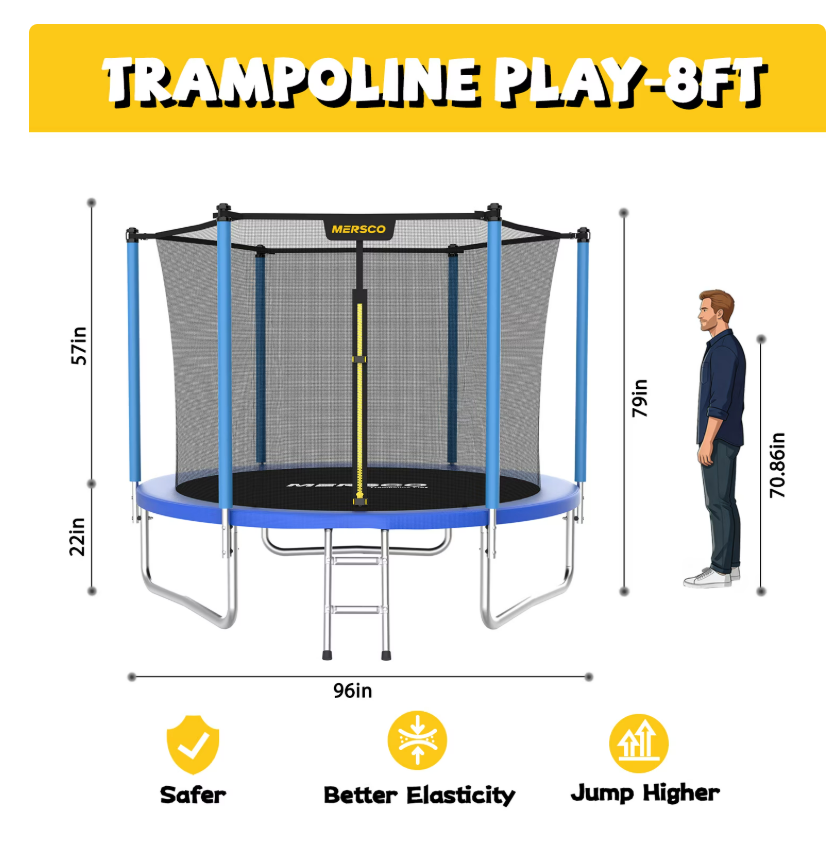 Mersco 8FT Kids Trampoline, ASTM Certified Heavy Duty Outdoor Trampoline with Safety Enclosure Net and Ladder for Backyard Family Fun, Trampoline PLAY