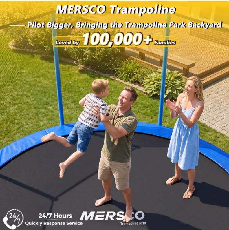 Mersco 8FT Kids Trampoline, ASTM Certified Heavy Duty Outdoor Trampoline with Safety Enclosure Net and Ladder for Backyard Family Fun, Trampoline PLAY