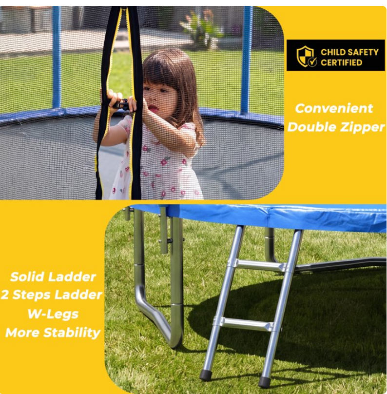 Mersco 8FT Kids Trampoline, ASTM Certified Heavy Duty Outdoor Trampoline with Safety Enclosure Net and Ladder for Backyard Family Fun, Trampoline PLAY