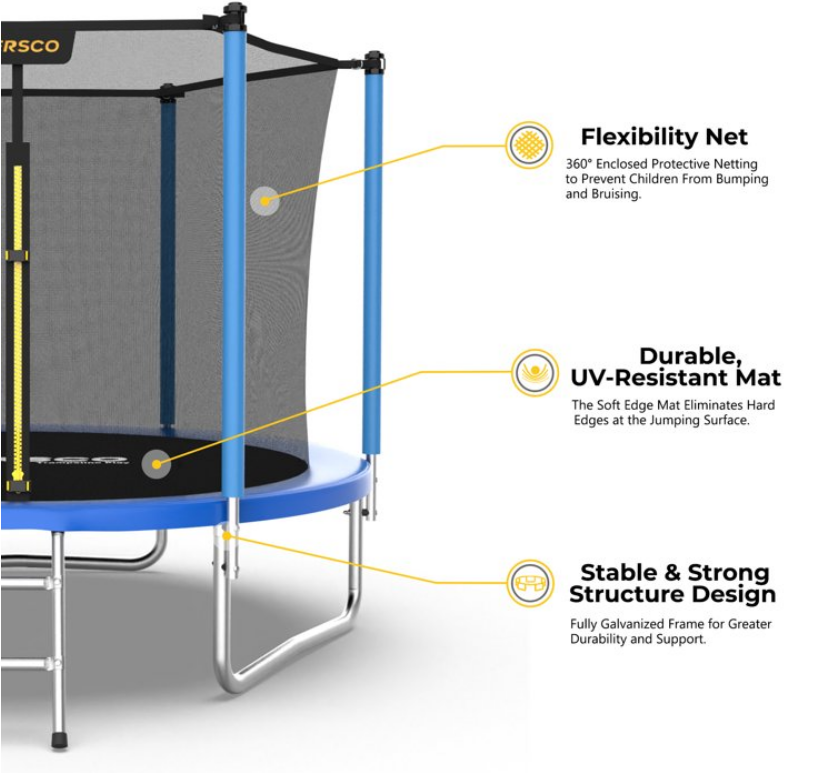 Mersco 8FT Kids Trampoline, ASTM Certified Heavy Duty Outdoor Trampoline with Safety Enclosure Net and Ladder for Backyard Family Fun, Trampoline PLAY