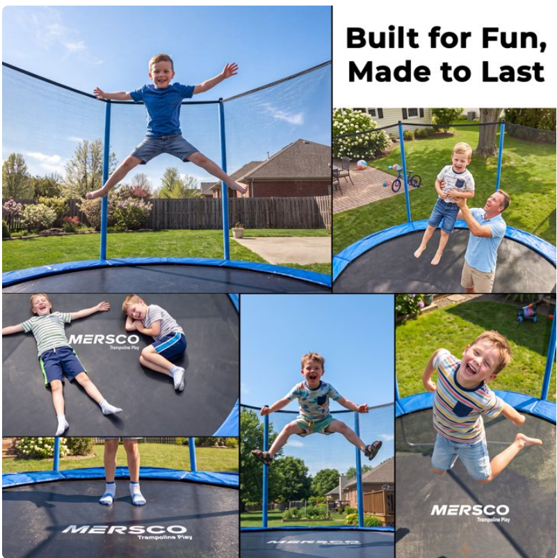 Mersco 8FT Kids Trampoline, ASTM Certified Heavy Duty Outdoor Trampoline with Safety Enclosure Net and Ladder for Backyard Family Fun, Trampoline PLAY