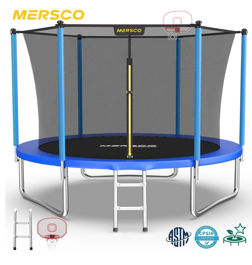Mersco 10FT/12FT/14FT/15FT/16FT Kids Trampoline, ASTM Certified Heavy Duty Outdoor Trampoline with Safety Enclosure Net Basketball Hoop and Ladder for Backyard Family Fun, Jumping Trampoline PLAY