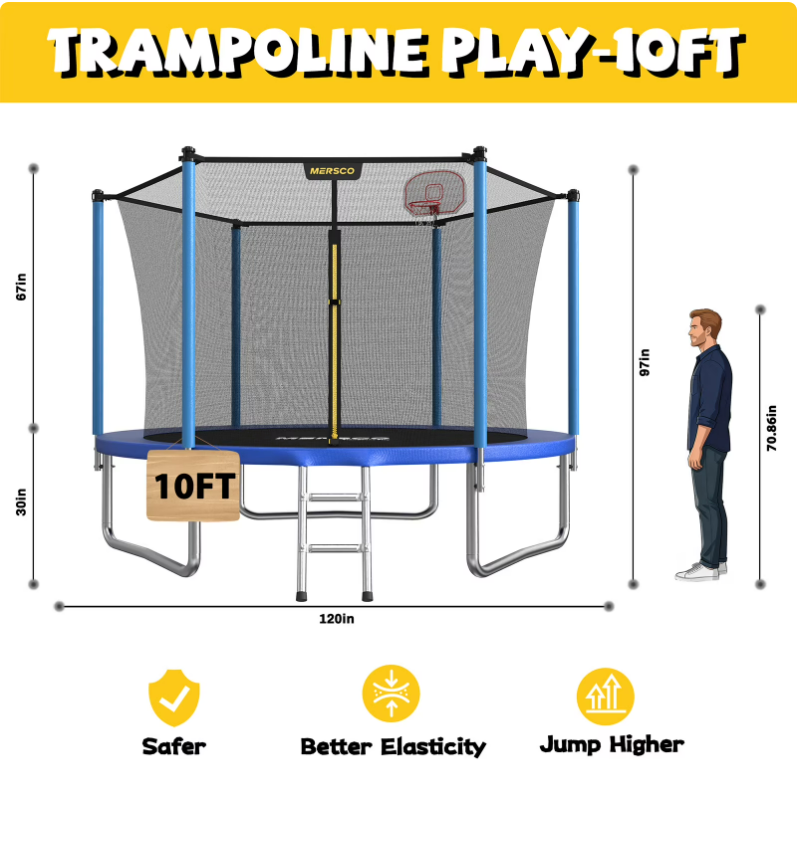 Mersco 10FT/12FT/14FT/15FT/16FT Kids Trampoline, ASTM Certified Heavy Duty Outdoor Trampoline with Safety Enclosure Net Basketball Hoop and Ladder for Backyard Family Fun, Jumping Trampoline PLAY
