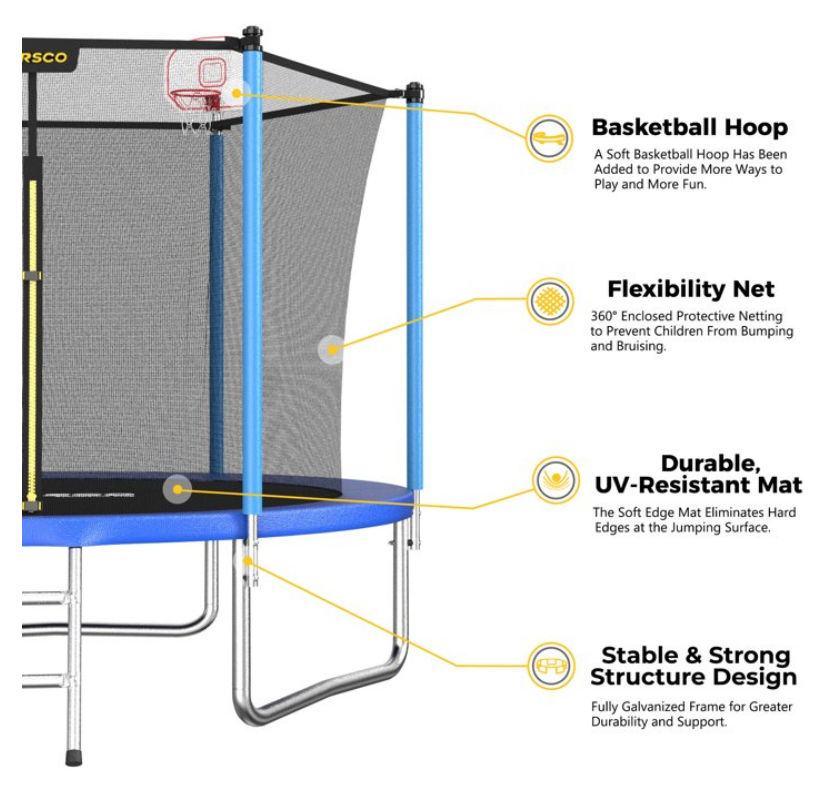 Mersco 10FT/12FT/14FT/15FT/16FT Kids Trampoline, ASTM Certified Heavy Duty Outdoor Trampoline with Safety Enclosure Net Basketball Hoop and Ladder for Backyard Family Fun, Jumping Trampoline PLAY