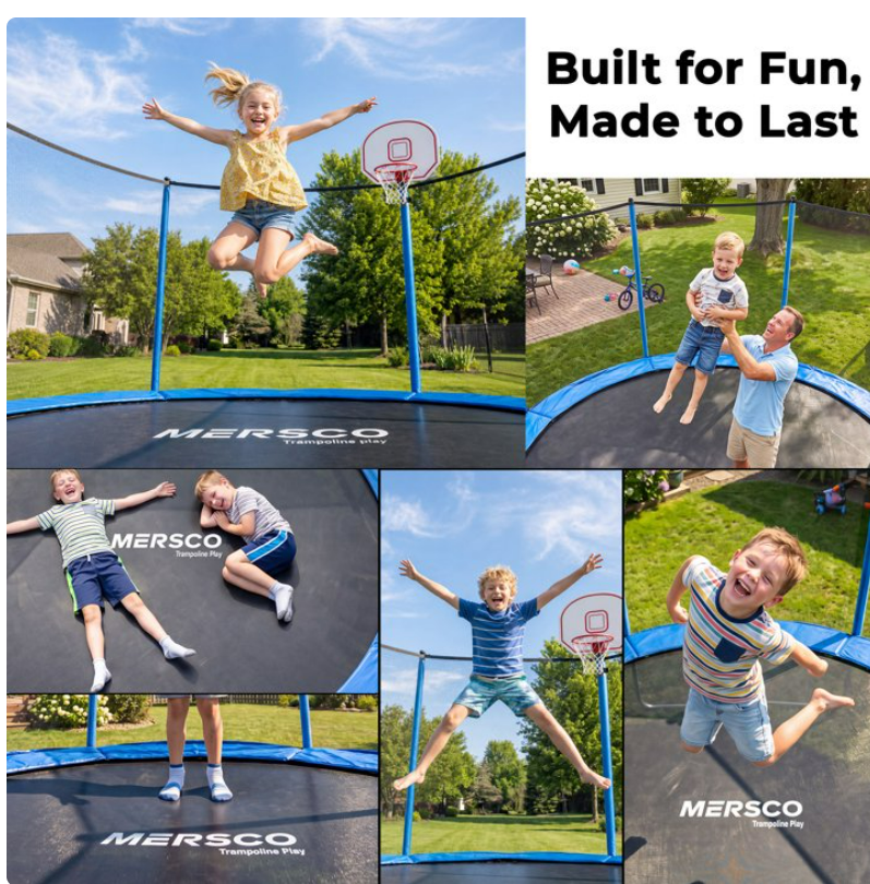 Mersco 10FT/12FT/14FT/15FT/16FT Kids Trampoline, ASTM Certified Heavy Duty Outdoor Trampoline with Safety Enclosure Net Basketball Hoop and Ladder for Backyard Family Fun, Jumping Trampoline PLAY