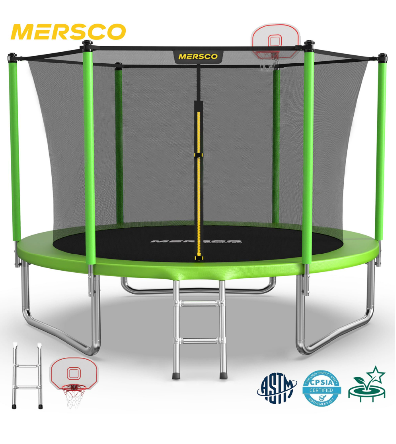 Mersco 10FT/12FT/14FT/15FT/16FT Kids Trampoline, ASTM Certified Heavy Duty Outdoor Trampoline with Safety Enclosure Net Basketball Hoop and Ladder for Backyard Family Fun, Jumping Trampoline PLAY