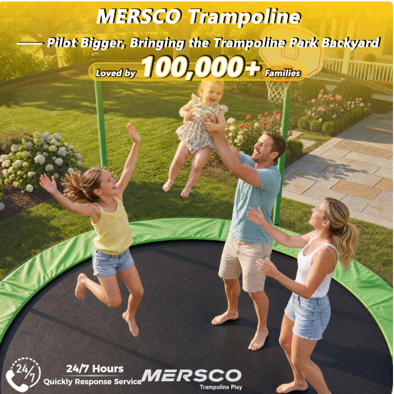 Mersco 10FT/12FT/14FT/15FT/16FT Kids Trampoline, ASTM Certified Heavy Duty Outdoor Trampoline with Safety Enclosure Net Basketball Hoop and Ladder for Backyard Family Fun, Jumping Trampoline PLAY
