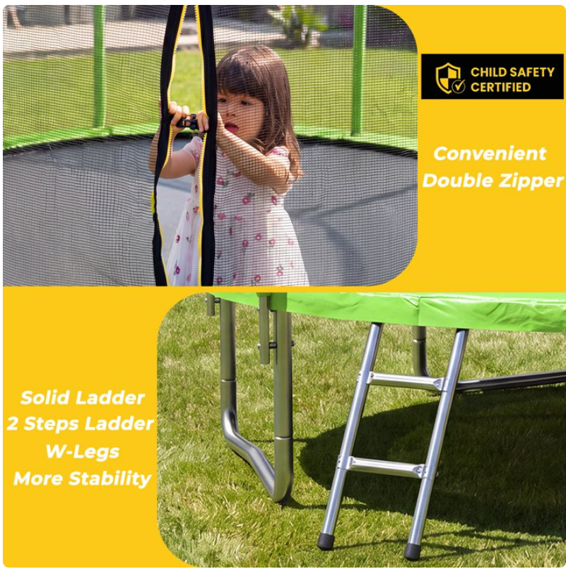 Mersco 10FT/12FT/14FT/15FT/16FT Kids Trampoline, ASTM Certified Heavy Duty Outdoor Trampoline with Safety Enclosure Net Basketball Hoop and Ladder for Backyard Family Fun, Jumping Trampoline PLAY