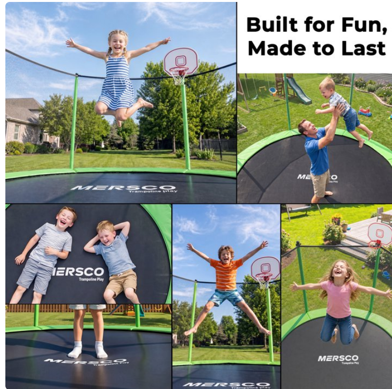 Mersco 10FT/12FT/14FT/15FT/16FT Kids Trampoline, ASTM Certified Heavy Duty Outdoor Trampoline with Safety Enclosure Net Basketball Hoop and Ladder for Backyard Family Fun, Jumping Trampoline PLAY