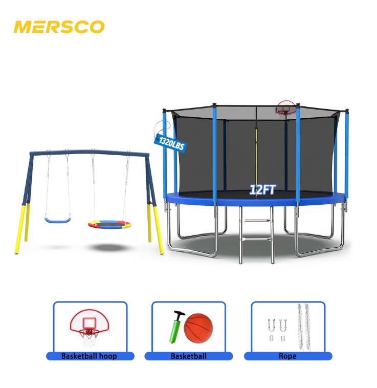 Mersco 12FT Heavy Duty Trampoline with Enclosure Net & Swing Set Outdoor Big Trampoline for Backyard,Kids Trampoline with Basketball Hoop,Birthday & Holiday Gifts for Kids,Blue