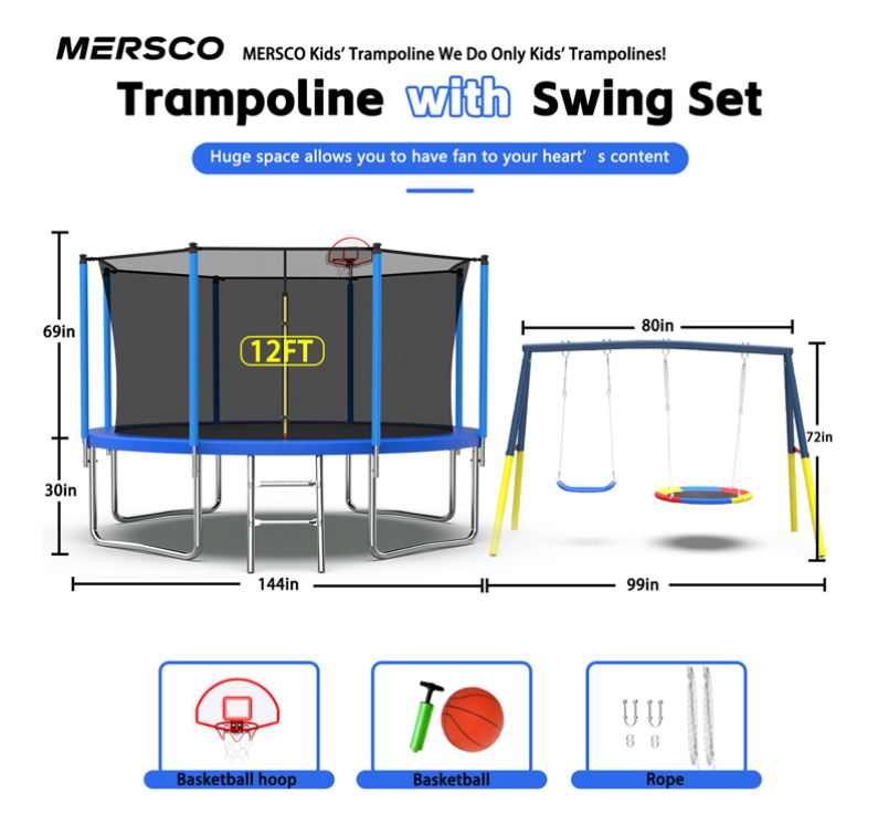 Mersco 12FT Heavy Duty Trampoline with Enclosure Net & Swing Set Outdoor Big Trampoline for Backyard,Kids Trampoline with Basketball Hoop,Birthday & Holiday Gifts for Kids,Blue