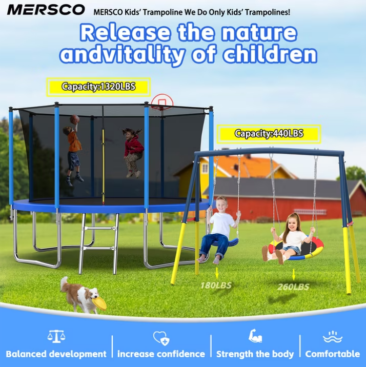 Mersco 12FT Heavy Duty Trampoline with Enclosure Net & Swing Set Outdoor Big Trampoline for Backyard,Kids Trampoline with Basketball Hoop,Birthday & Holiday Gifts for Kids,Blue