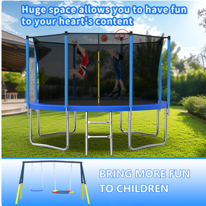 Mersco 12FT Heavy Duty Trampoline with Enclosure Net & Swing Set Outdoor Big Trampoline for Backyard,Kids Trampoline with Basketball Hoop,Birthday & Holiday Gifts for Kids,Blue