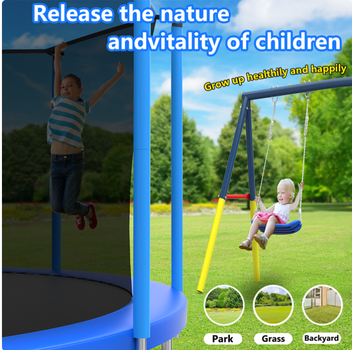 Mersco 12FT Heavy Duty Trampoline with Enclosure Net & Swing Set Outdoor Big Trampoline for Backyard,Kids Trampoline with Basketball Hoop,Birthday & Holiday Gifts for Kids,Blue