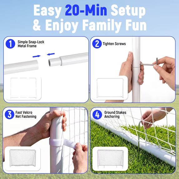 Kdymod 6×4 FT Soccer Goal for Backyard,Heavy-Duty Metal Soccer Net,Outdoor Soccer Goal Soccer Equipment Set with 6 Soccer Cones & 4 Stakes for Kids and Adults ,White