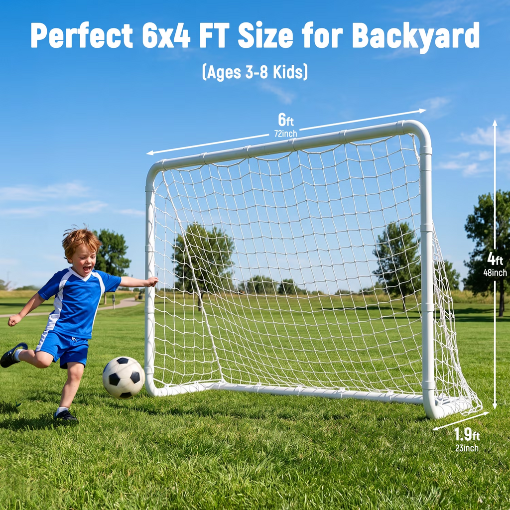 Kdymod 6×4 FT Soccer Goal for Backyard,Heavy-Duty Metal Soccer Net,Outdoor Soccer Goal Soccer Equipment Set with 6 Soccer Cones & 4 Stakes for Kids and Adults ,White