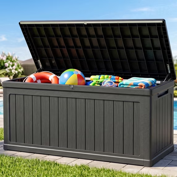 Kdymod Deck Box Outdoor Storage 320 Gallon,Resin Deck Boxes Outdoor Waterproof UV Resistant with Hundles,Outside Lockable Toy Storage for Pool ,Patio Furniture and Sports Equipment,Black