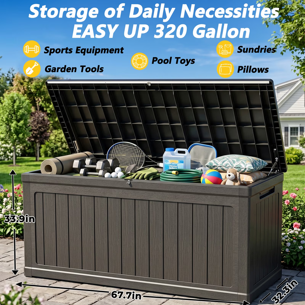 Kdymod Deck Box Outdoor Storage 320 Gallon,Resin Deck Boxes Outdoor Waterproof UV Resistant with Hundles,Outside Lockable Toy Storage for Pool ,Patio Furniture and Sports Equipment,Black